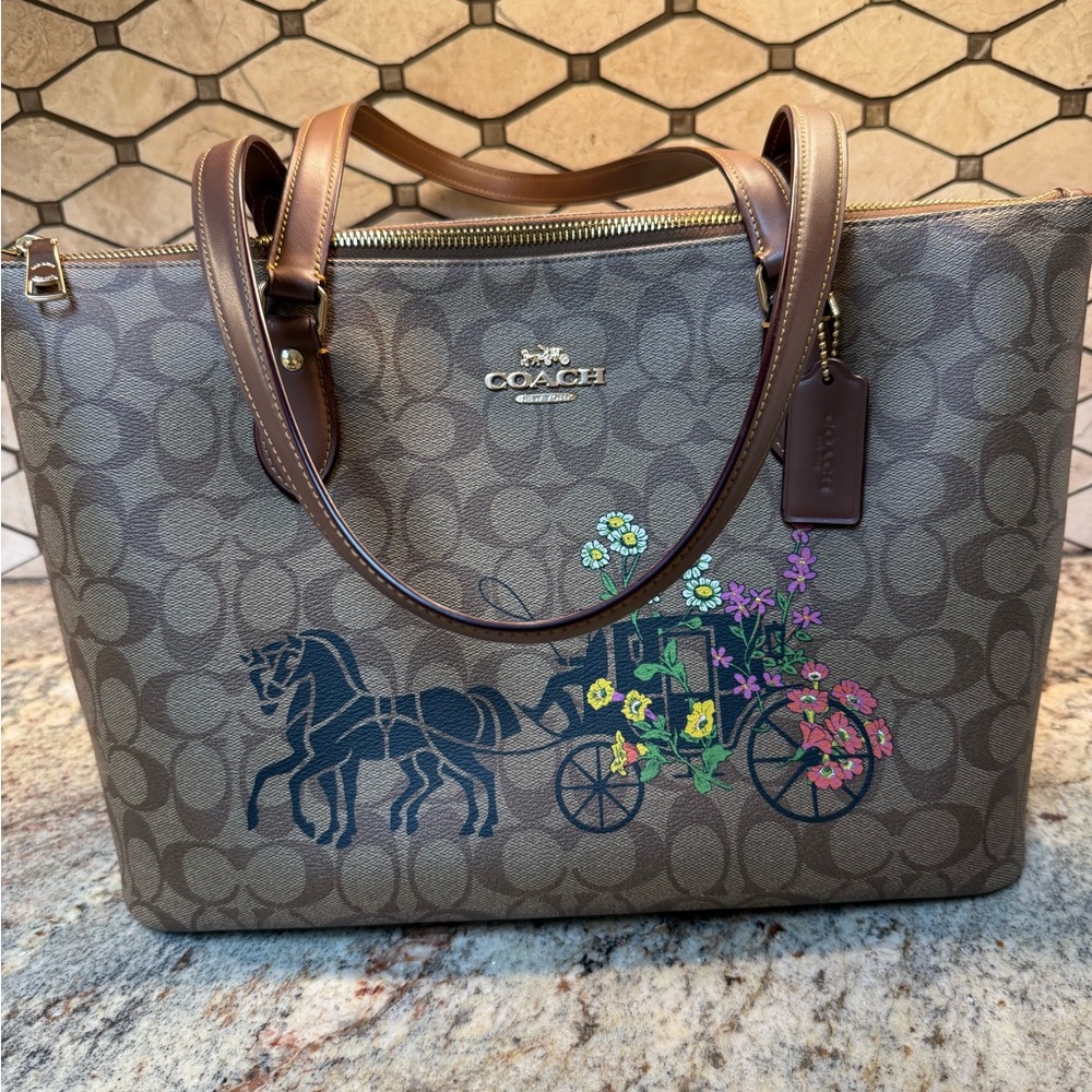 Coach Tan Tote Bag with Colorful Carriage Design (NWT)